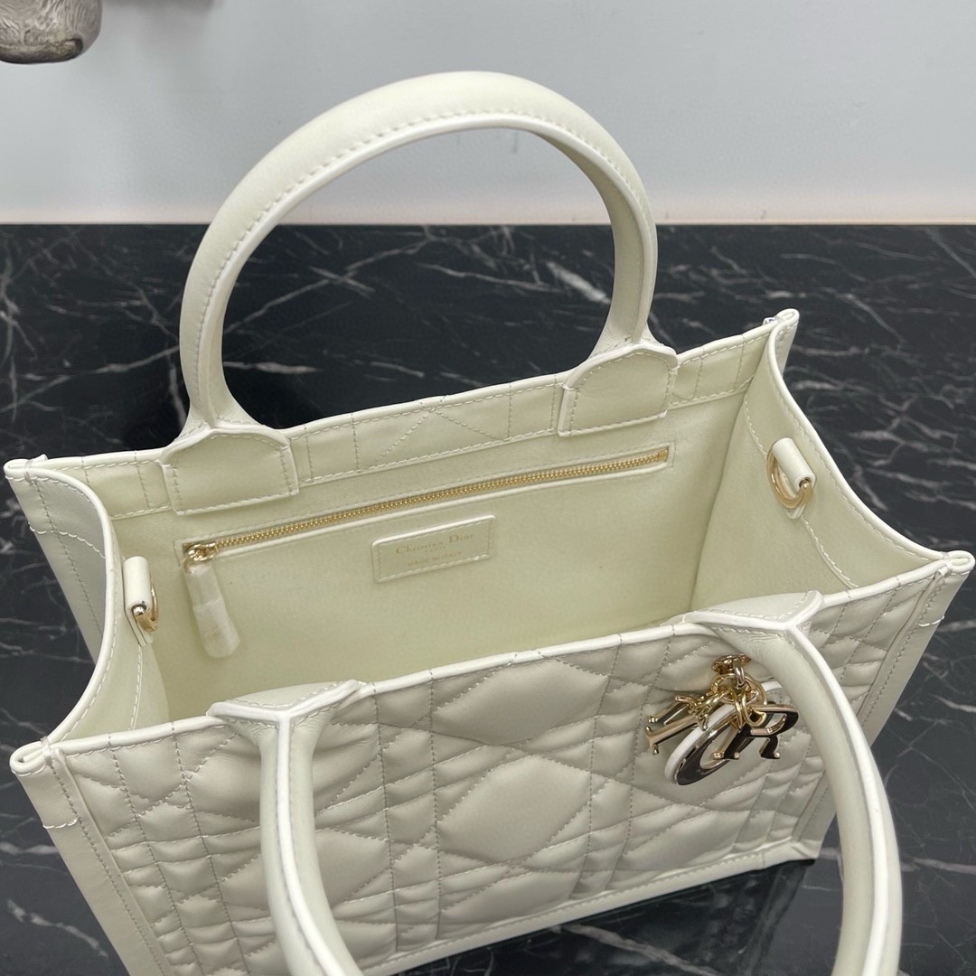 Dior Small Book Tote Bag with Strap in White Macrocannage Calfskin 001