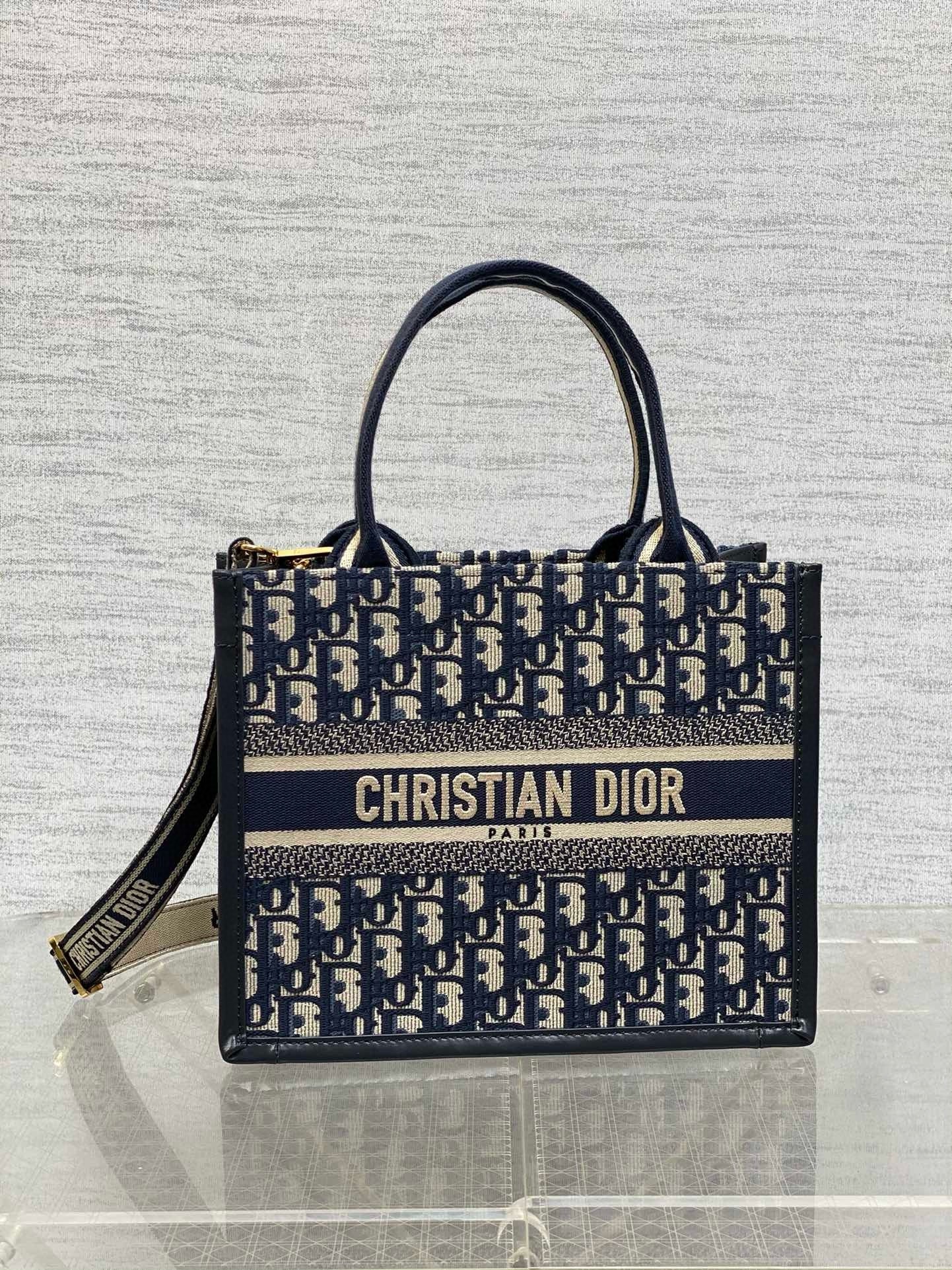 Dior Small Book Tote Bag with Strap in Blue Dior Oblique Canvas 024