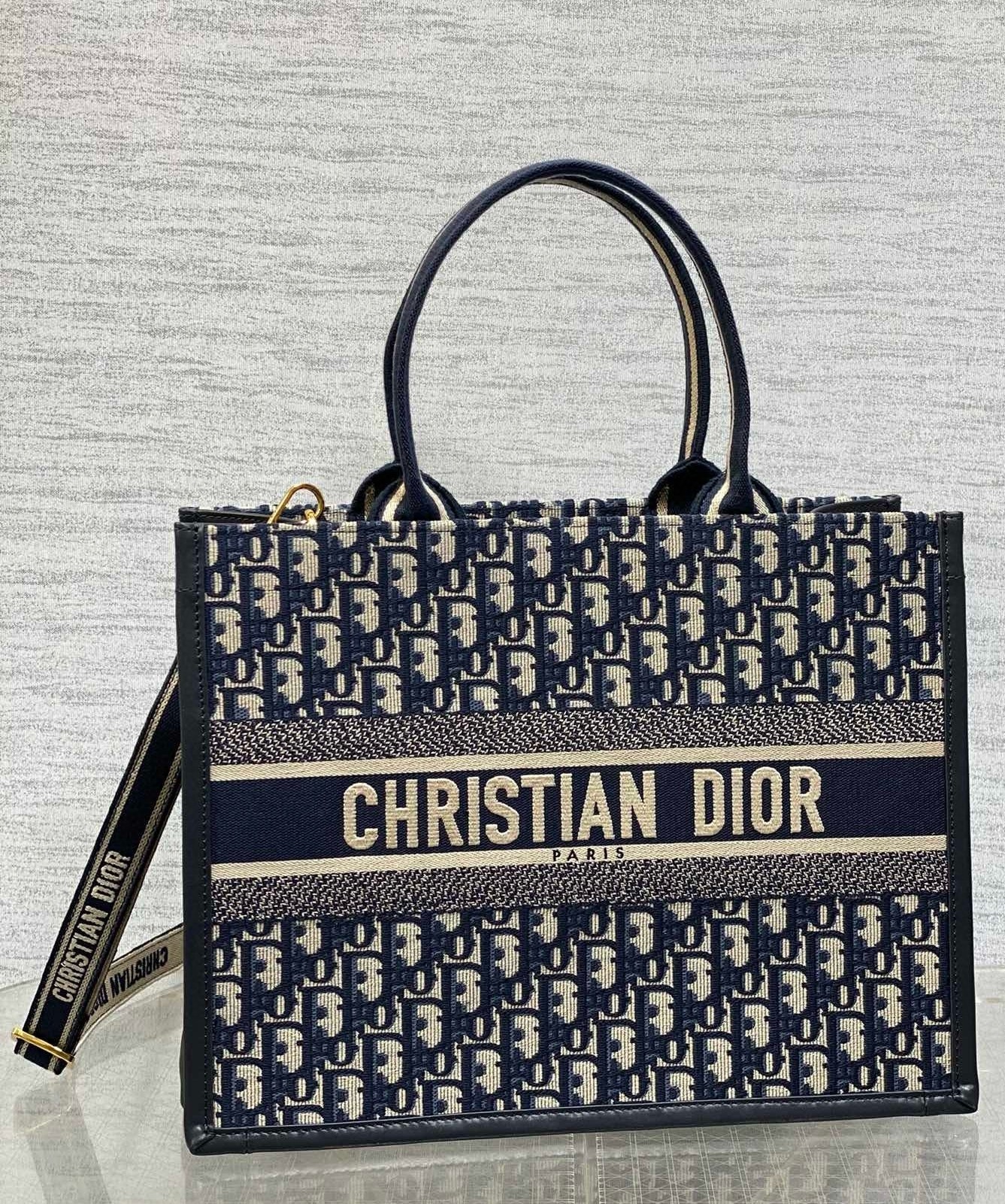 Dior Medium Book Tote Bag with Strap in Blue Dior Oblique Canvas 204