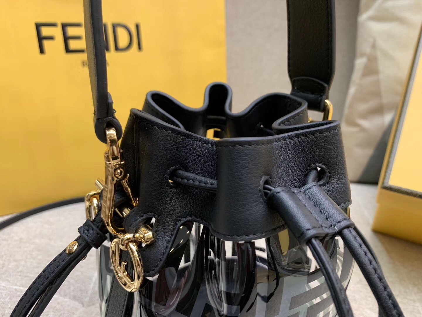 Fendi Black Mon Tresor Mini Bucket Bag In Transparent PU 464