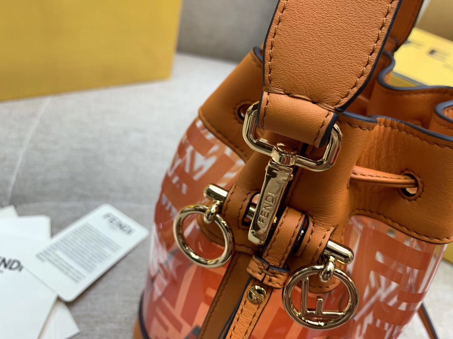 Fendi Orange Mon Tresor Mini Bucket Bag In Transparent PU 605