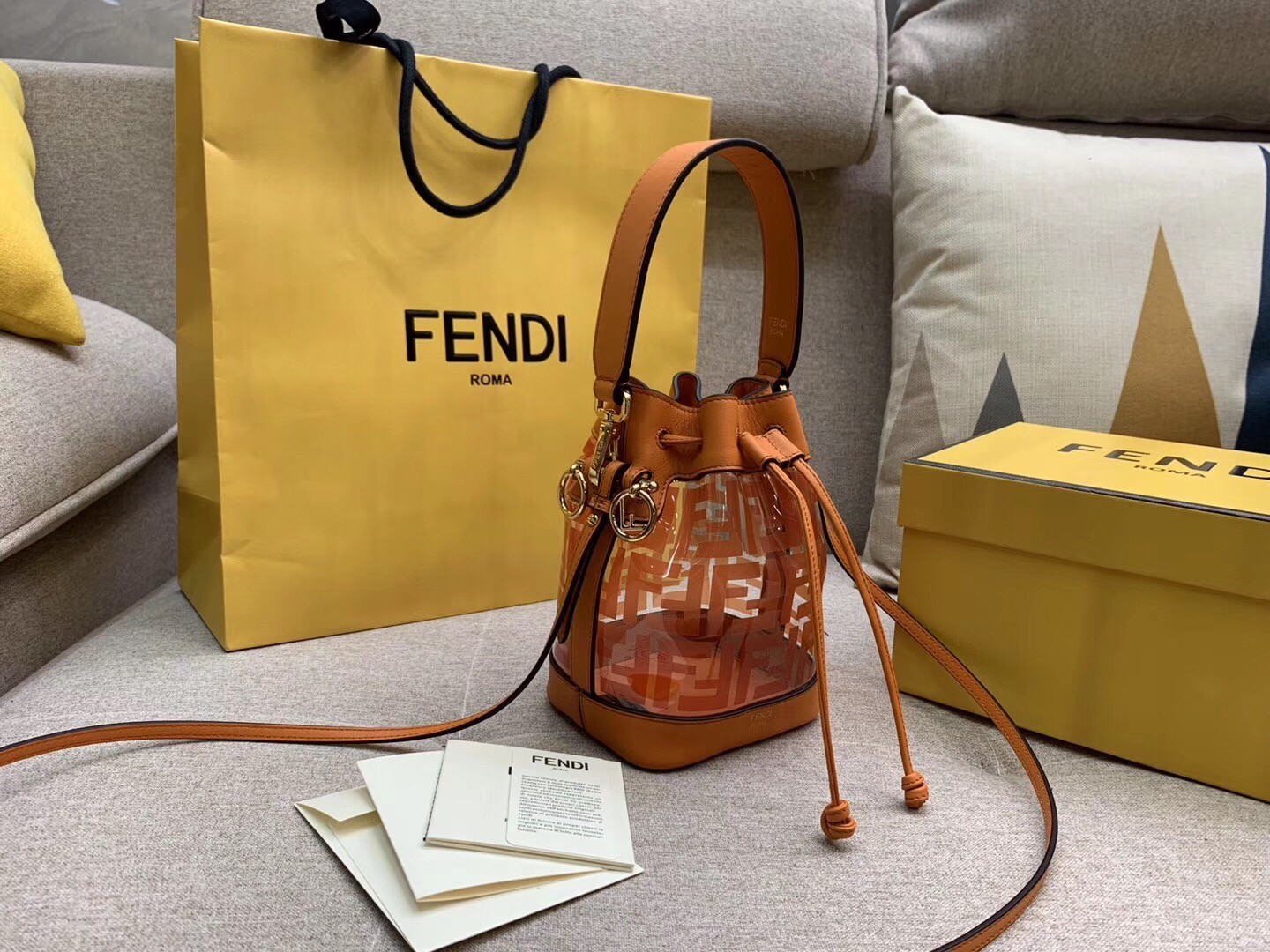 Fendi Orange Mon Tresor Mini Bucket Bag In Transparent PU 605