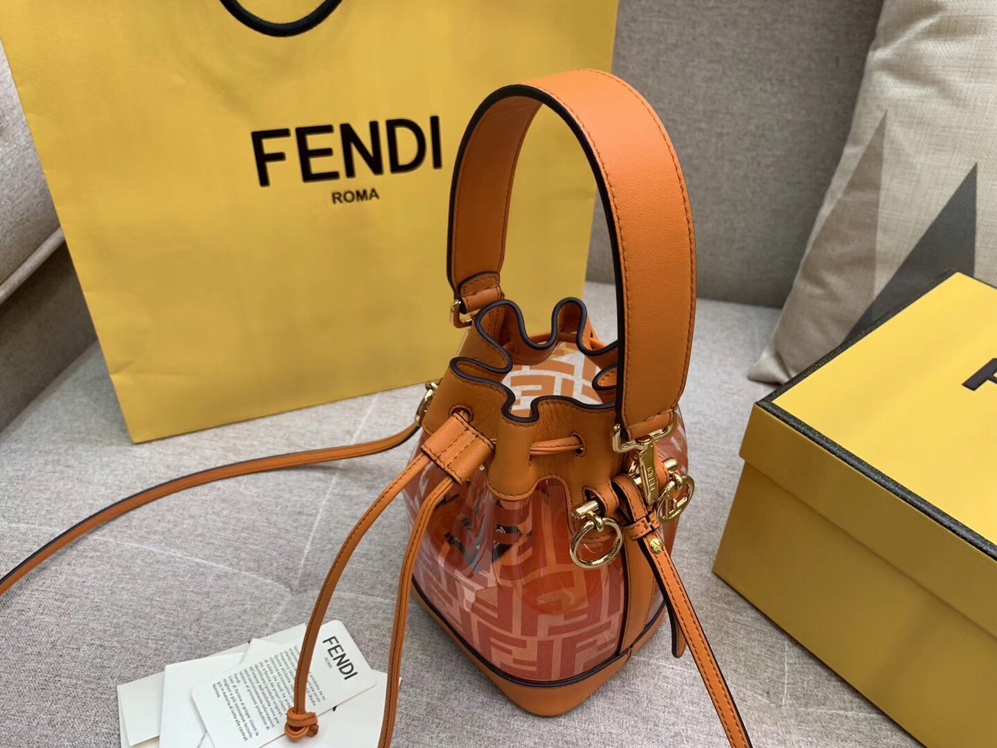 Fendi Orange Mon Tresor Mini Bucket Bag In Transparent PU 605