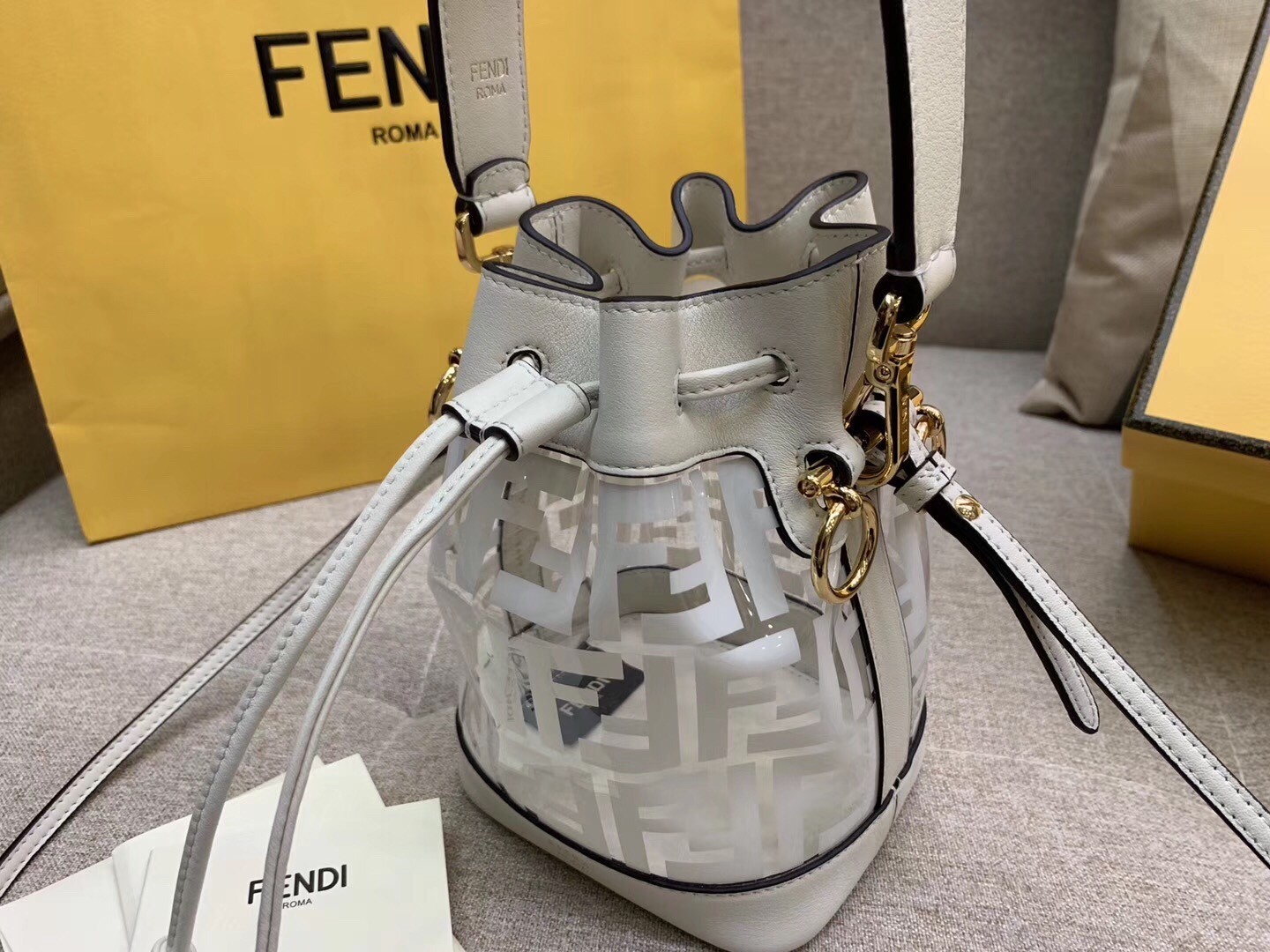 Fendi White Mon Tresor Mini Bucket Bag In Transparent PU 645