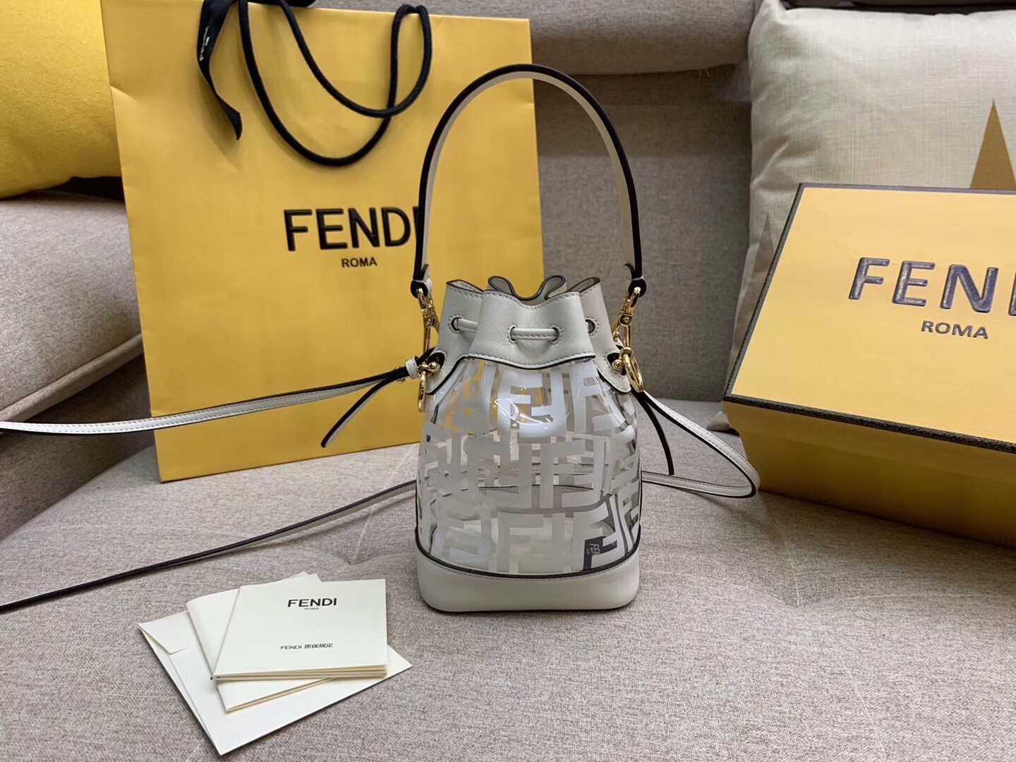 Fendi White Mon Tresor Mini Bucket Bag In Transparent PU 645