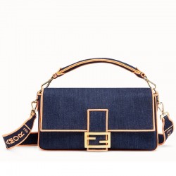 Fendi Large Baguette Bag In Blue Denim With Orange Trim 055