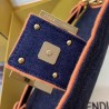 Fendi Large Baguette Bag In Blue Denim With Orange Trim 055