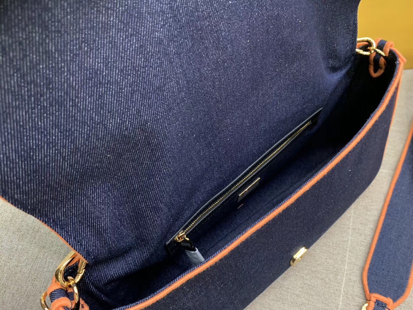 Fendi Large Baguette Bag In Blue Denim With Orange Trim 055