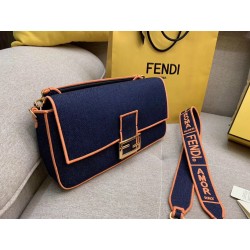 Fendi Large Baguette Bag In Blue Denim With Orange Trim 055