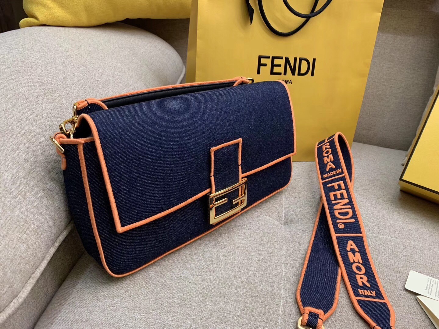 Fendi Large Baguette Bag In Blue Denim With Orange Trim 055