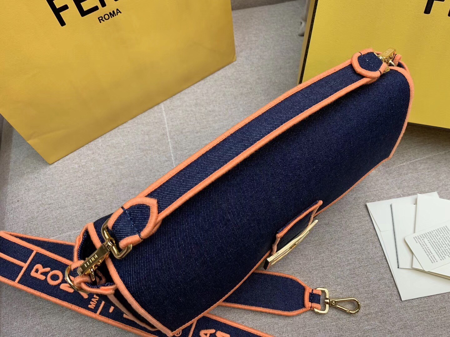 Fendi Large Baguette Bag In Blue Denim With Orange Trim 055