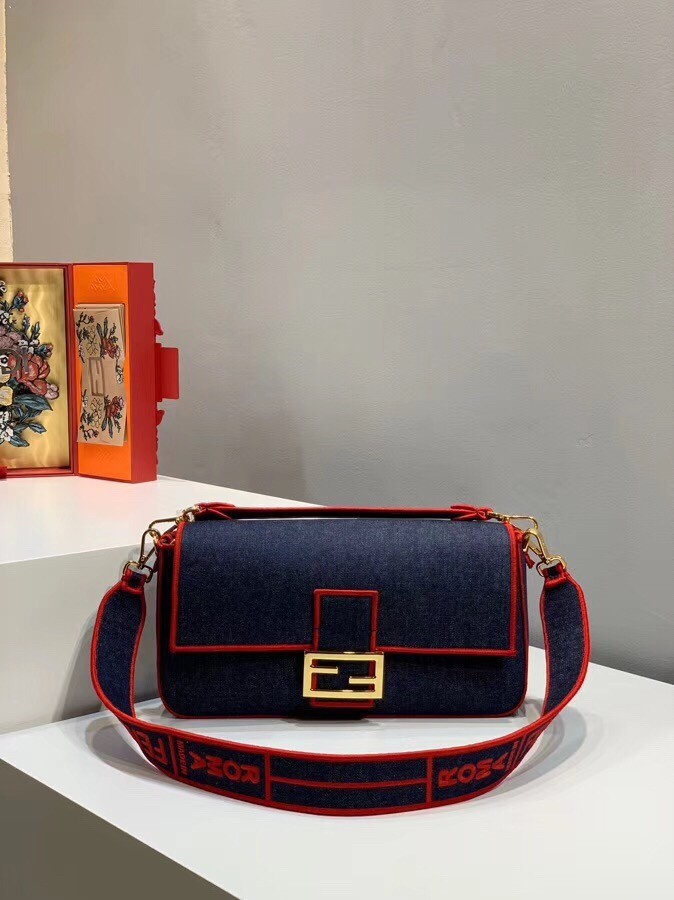 Fendi Large Baguette Bag In Blue Denim With Red Trim 728