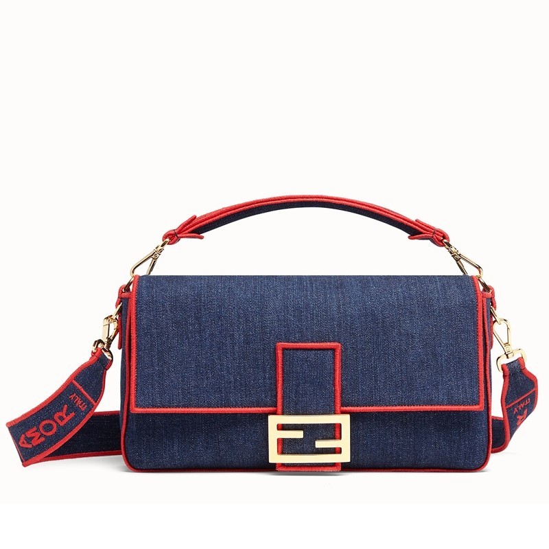 Fendi Large Baguette Bag In Blue Denim With Red Trim 728