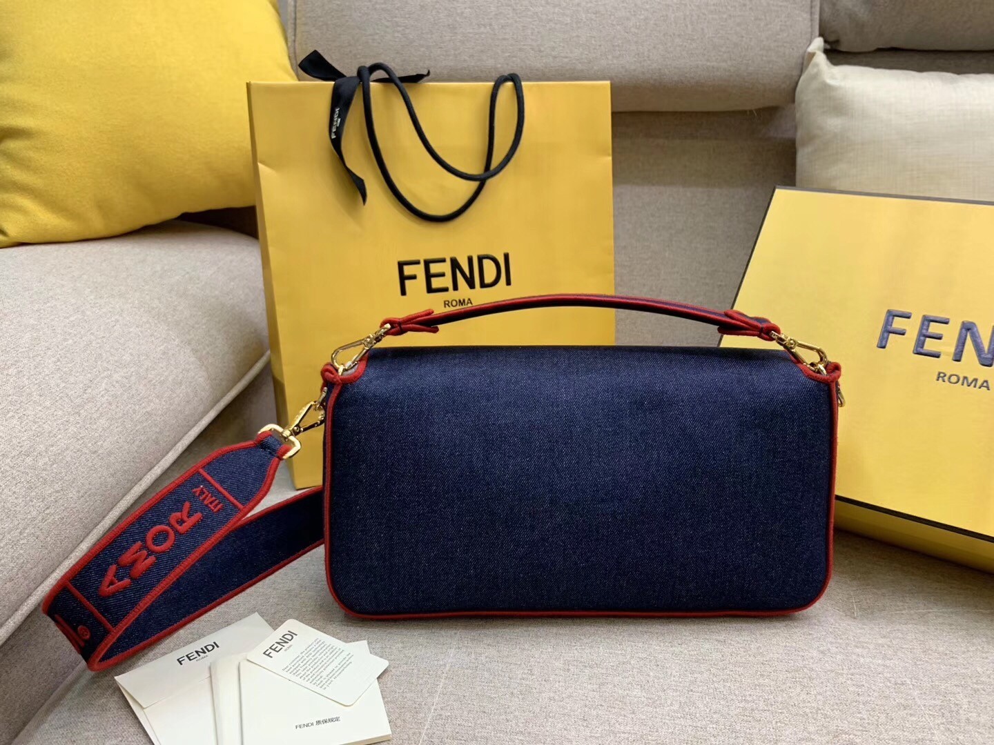 Fendi Large Baguette Bag In Blue Denim With Red Trim 728