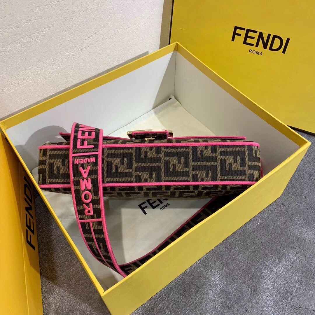 Fendi Baguette Large Bag In FF Fabric With Pink Trim 765