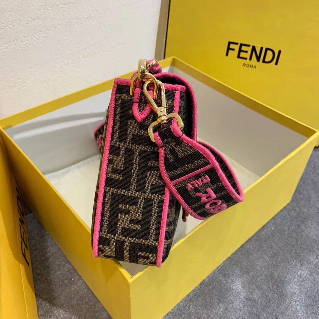 Fendi Baguette Large Bag In FF Fabric With Pink Trim 765