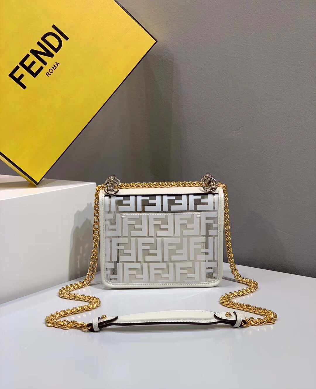 Fendi Small Kan I F Bag In White Transparent PU 555