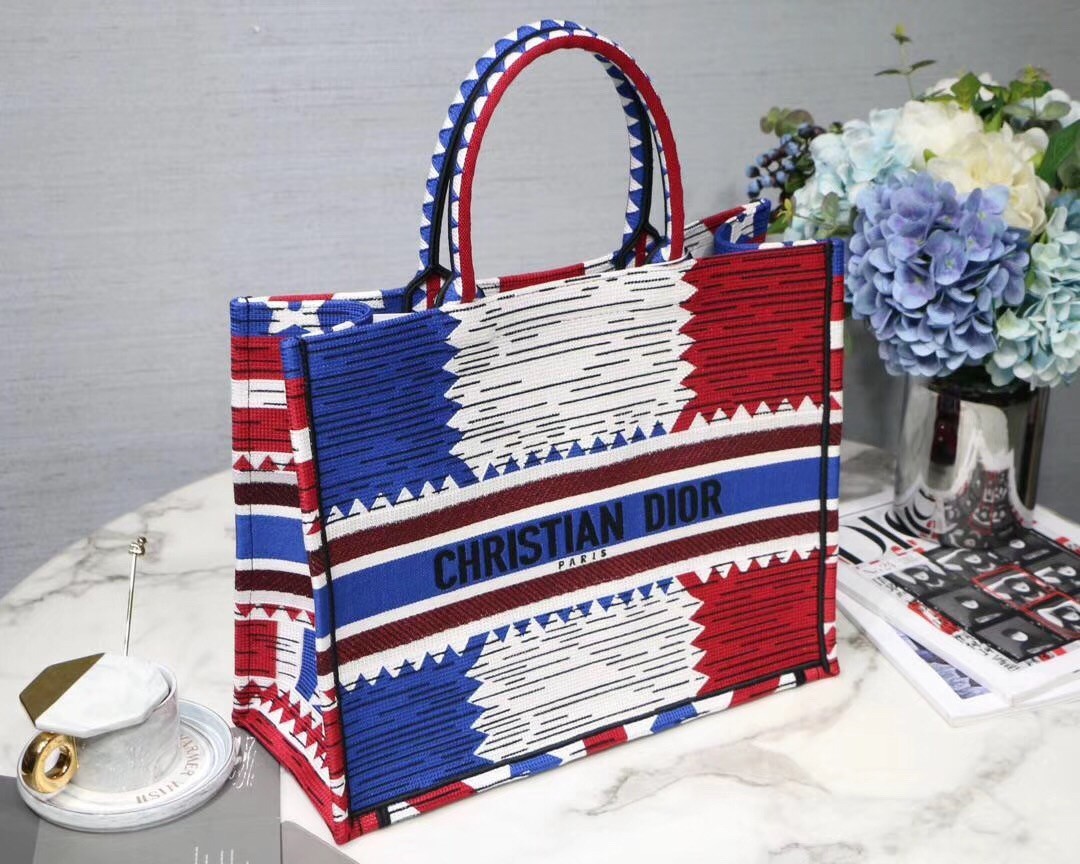 Dior Book Tote Bag In French Flag Embroidered Canvas 444