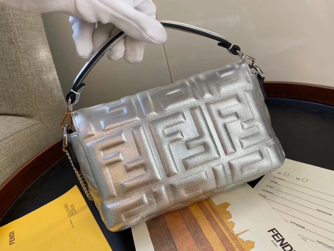 Fendi Baguette Mini Bag In Silver Lambskin With FF Motif 525