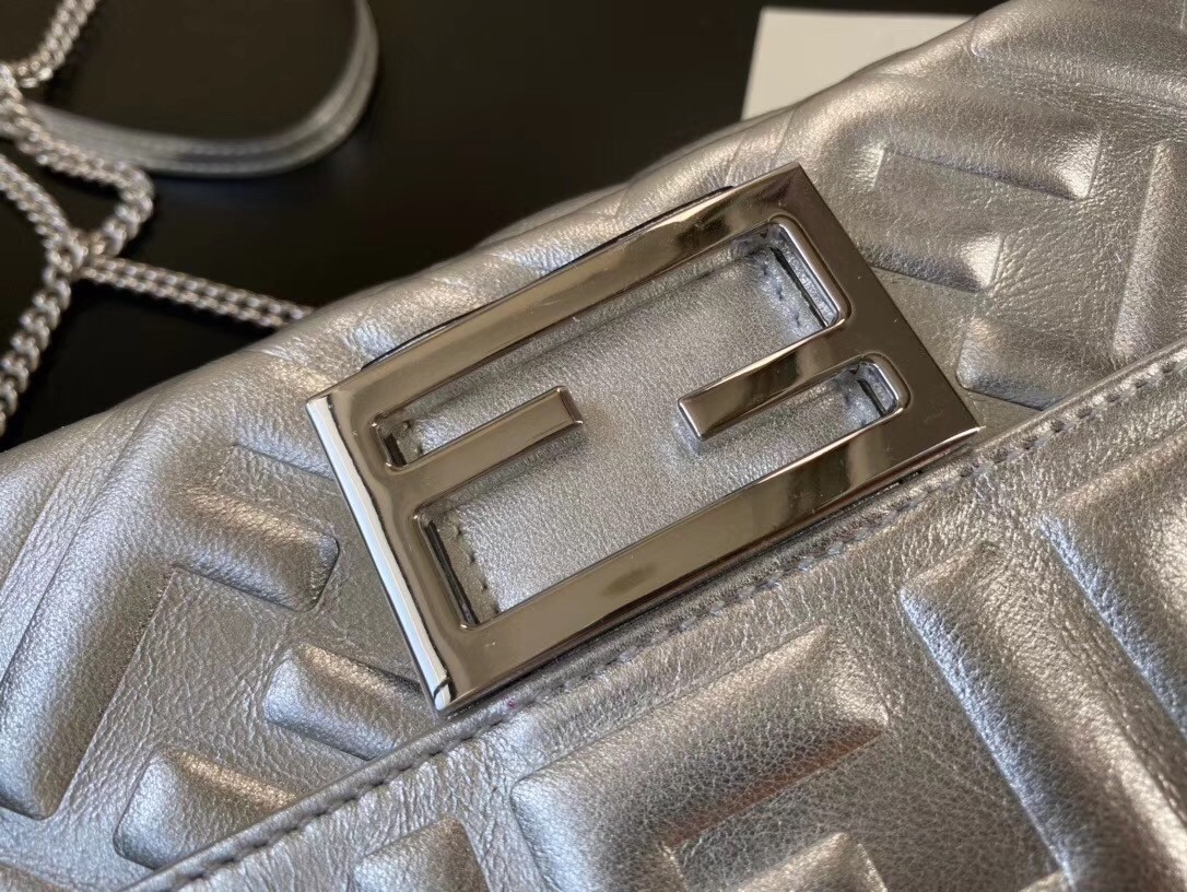 Fendi Baguette Mini Bag In Silver Lambskin With FF Motif 525