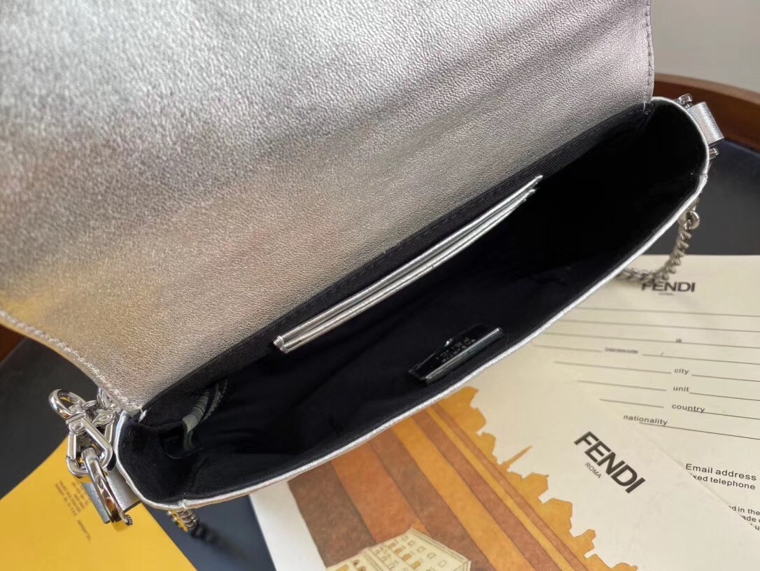 Fendi Baguette Mini Bag In Silver Lambskin With FF Motif 525