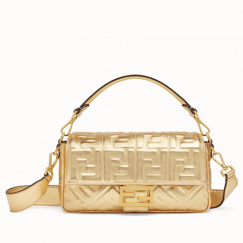 Fendi Baguette Medium Bag In Gold Lambskin With FF Motif 551