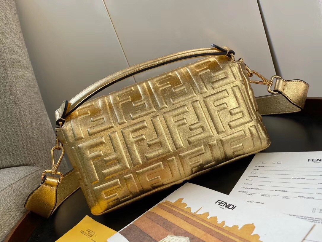 Fendi Baguette Medium Bag In Gold Lambskin With FF Motif 551