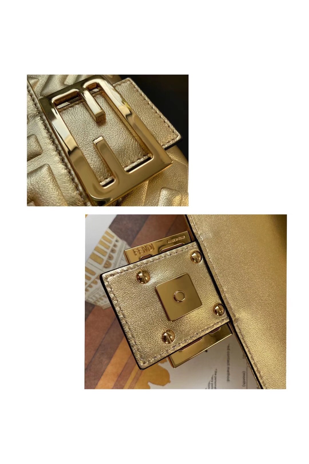 Fendi Baguette Medium Bag In Gold Lambskin With FF Motif 551