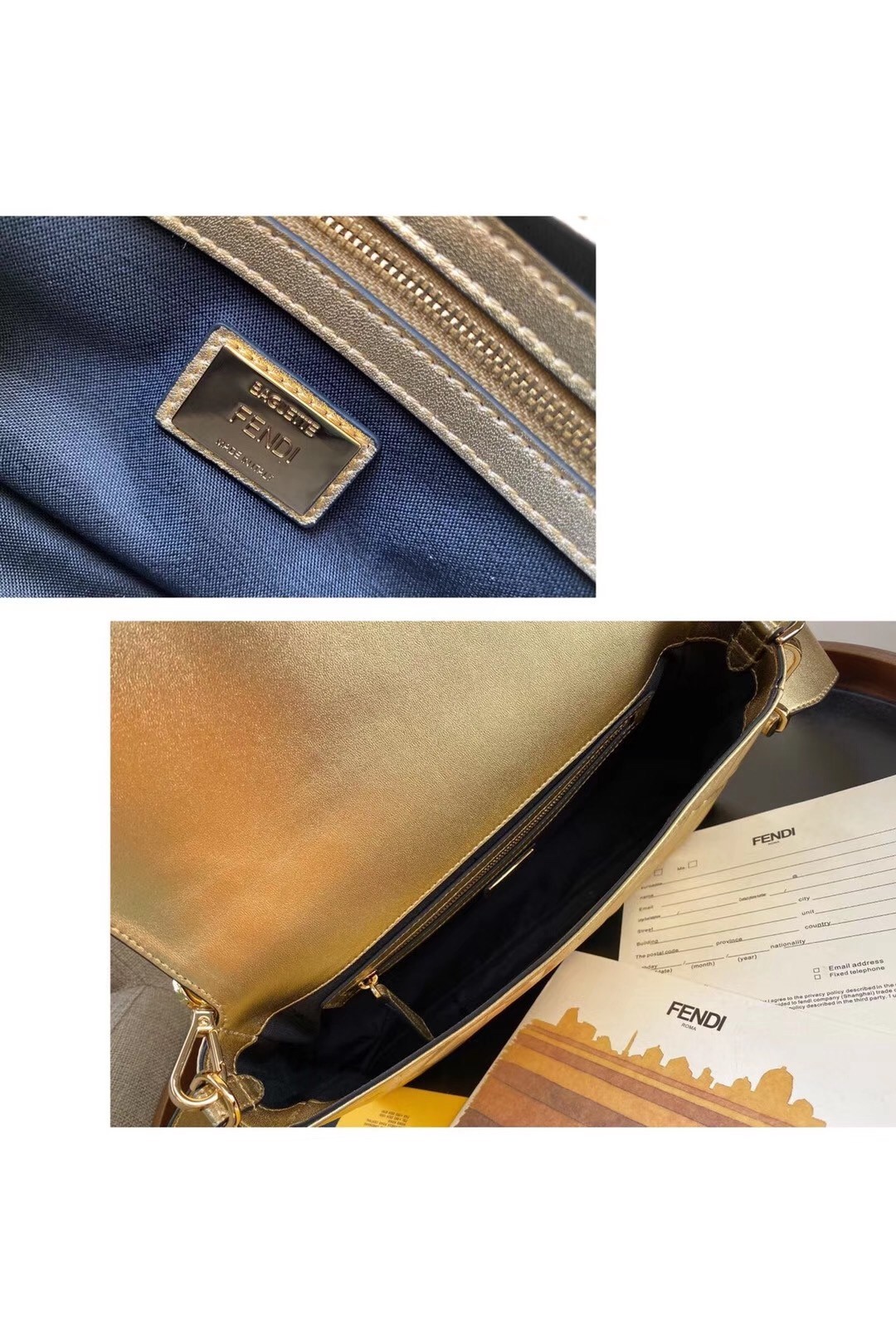 Fendi Baguette Medium Bag In Gold Lambskin With FF Motif 551