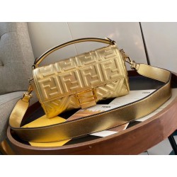 Fendi Baguette Medium Bag In Gold Lambskin With FF Motif 551