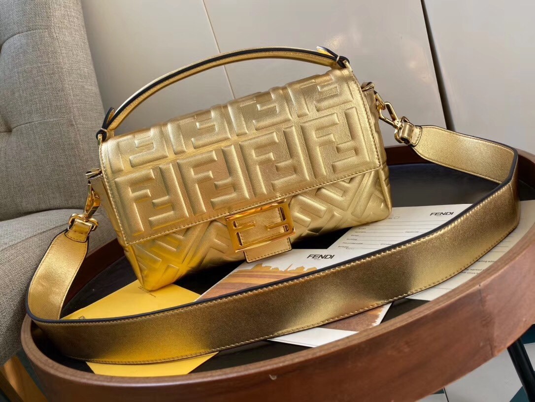 Fendi Baguette Medium Bag In Gold Lambskin With FF Motif 551