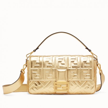 Fendi Baguette Large Bag In Gold Lambskin With FF Motif 939