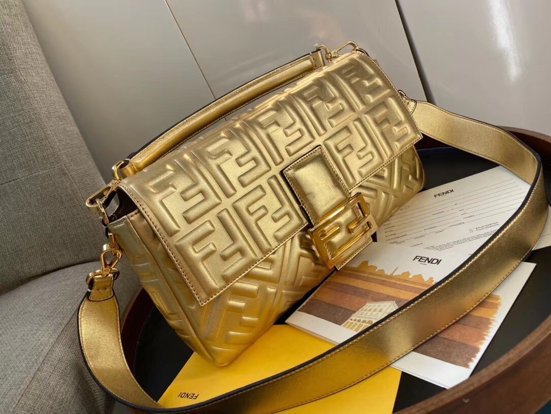 Fendi Baguette Large Bag In Gold Lambskin With FF Motif 939