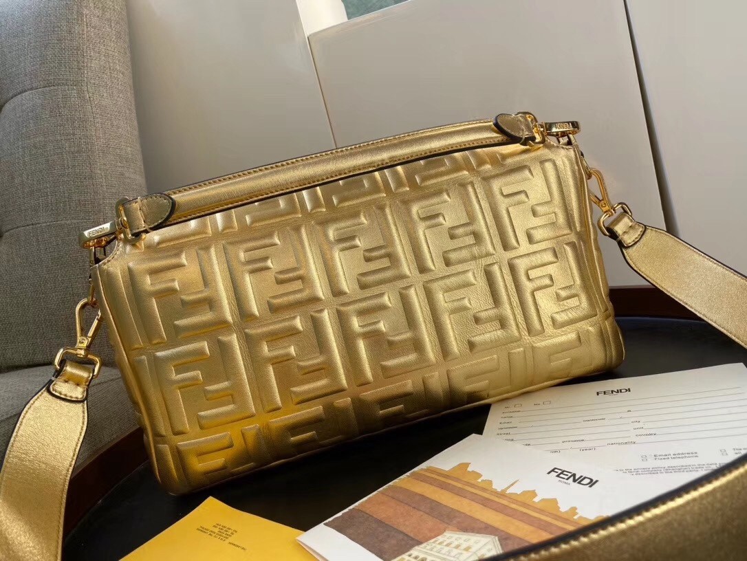 Fendi Baguette Large Bag In Gold Lambskin With FF Motif 939