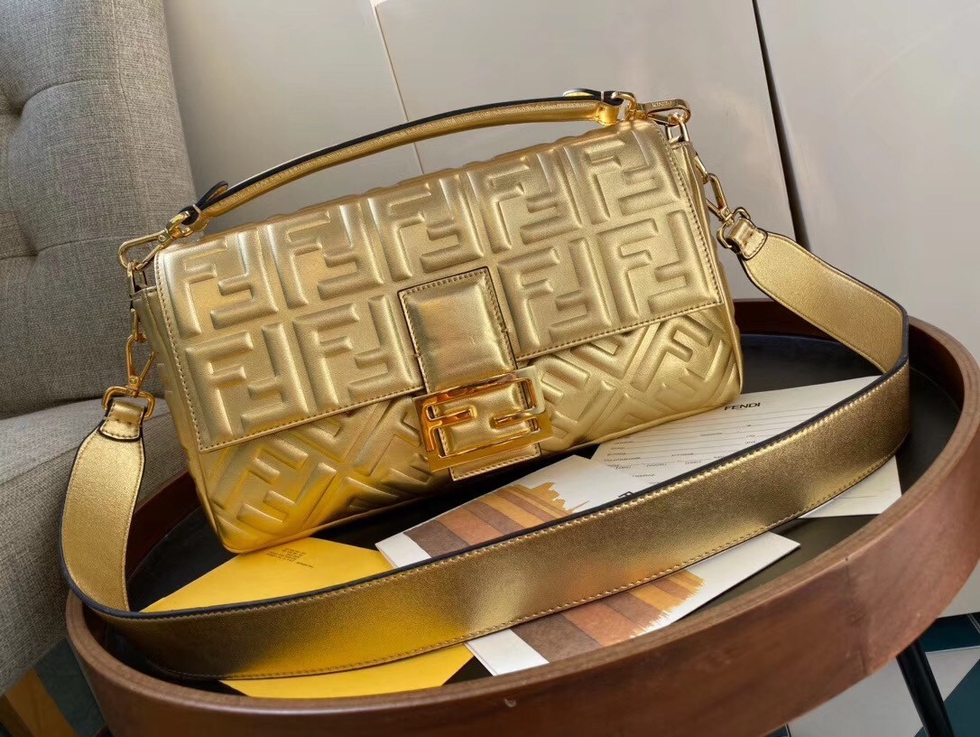 Fendi Baguette Large Bag In Gold Lambskin With FF Motif 939