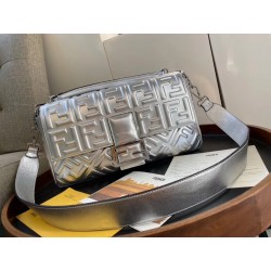 Fendi Baguette Large Bag In Silver Lambskin With FF Motif 680