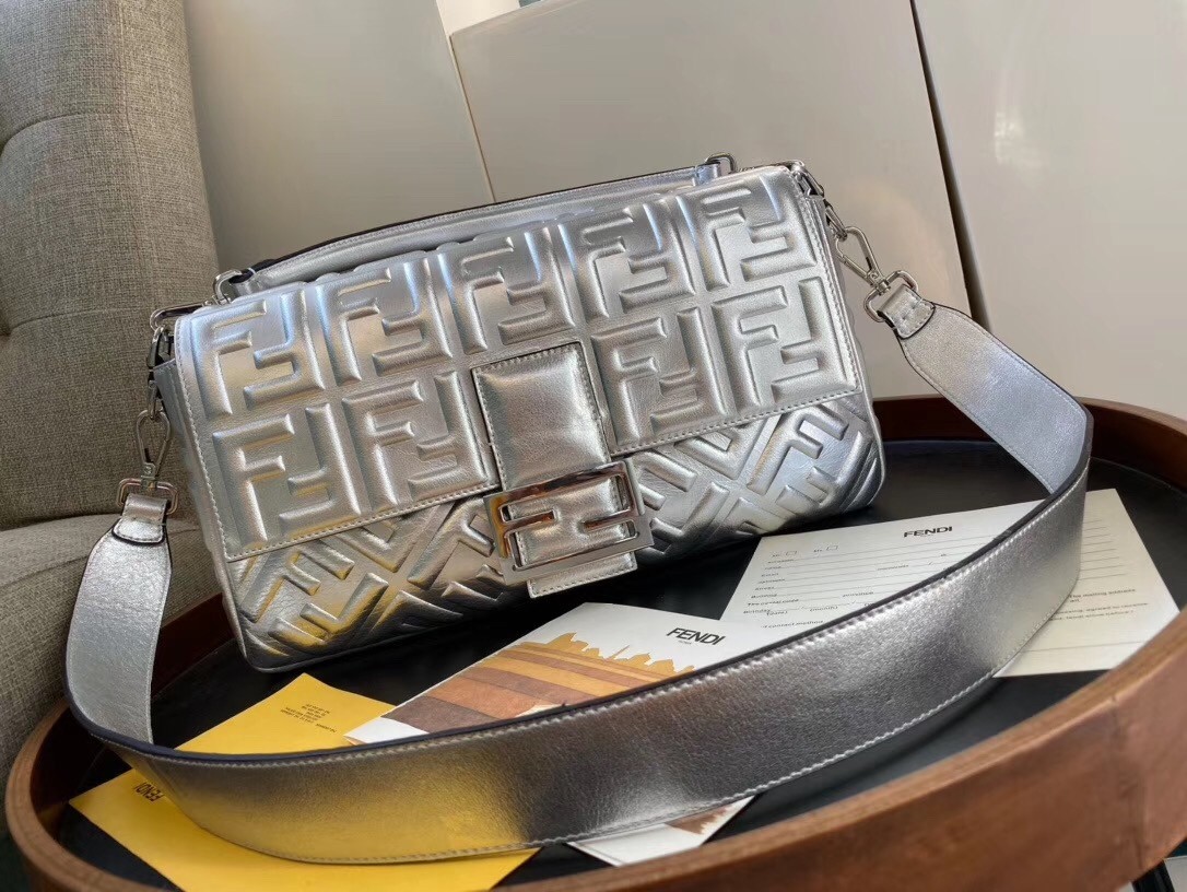 Fendi Baguette Large Bag In Silver Lambskin With FF Motif 680