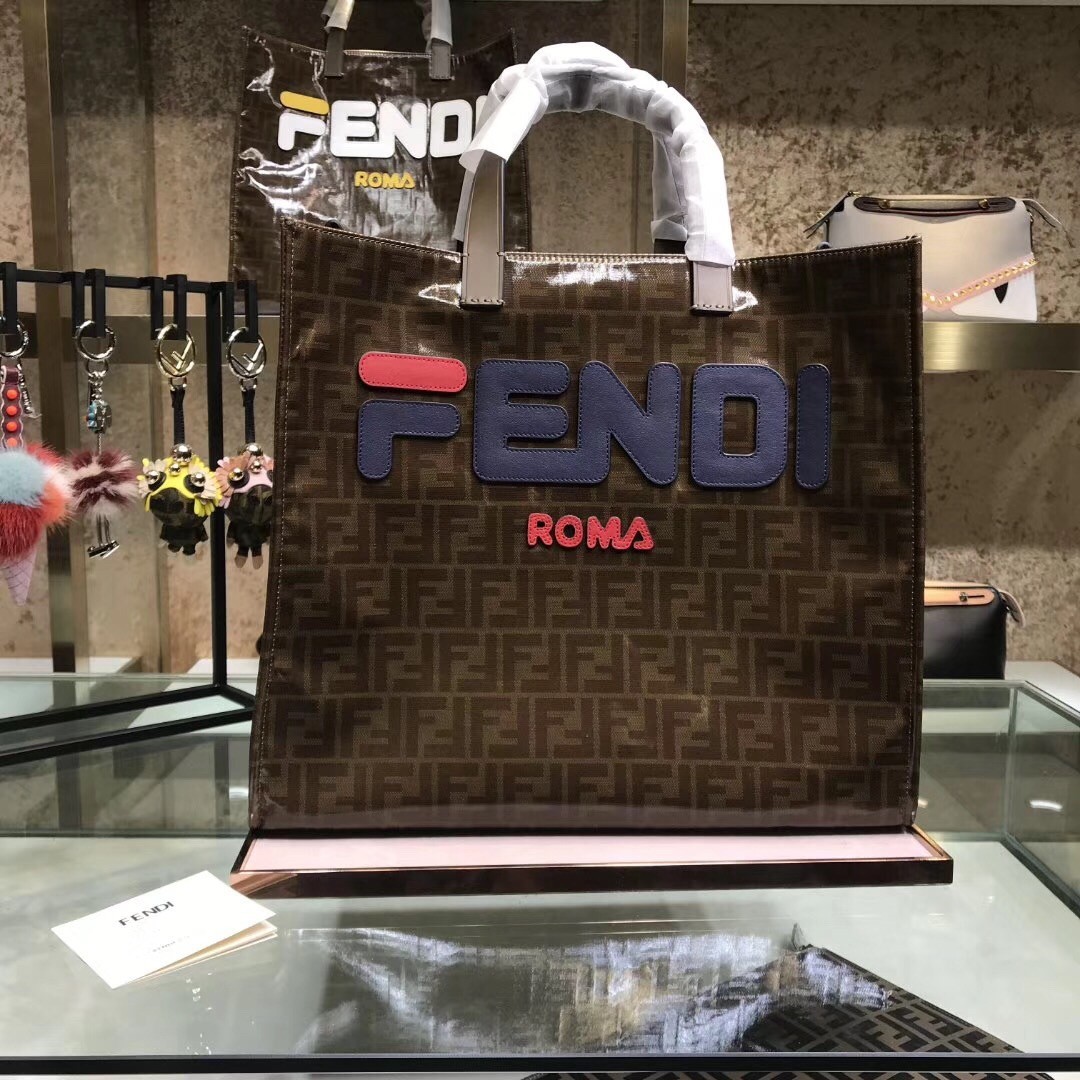 Fendi Glazed Multicolor Fabric Shopper Blue Logo Bag 962