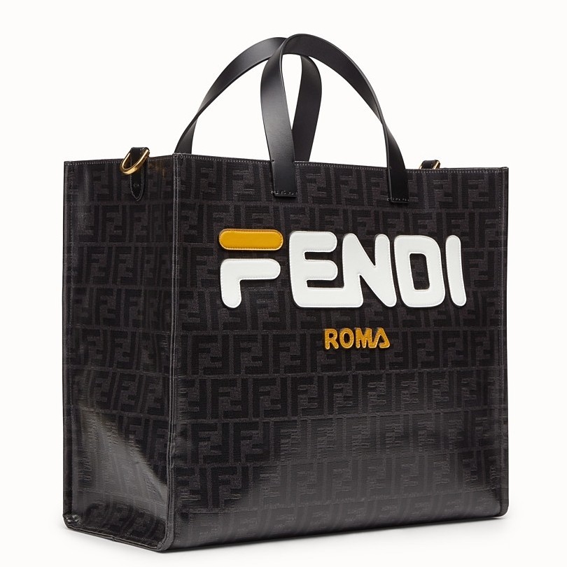 Fendi Black Glazed Fabric Shopper White Logo Bag 987