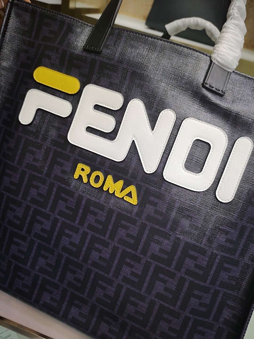 Fendi Black Glazed Fabric Shopper White Logo Bag 987