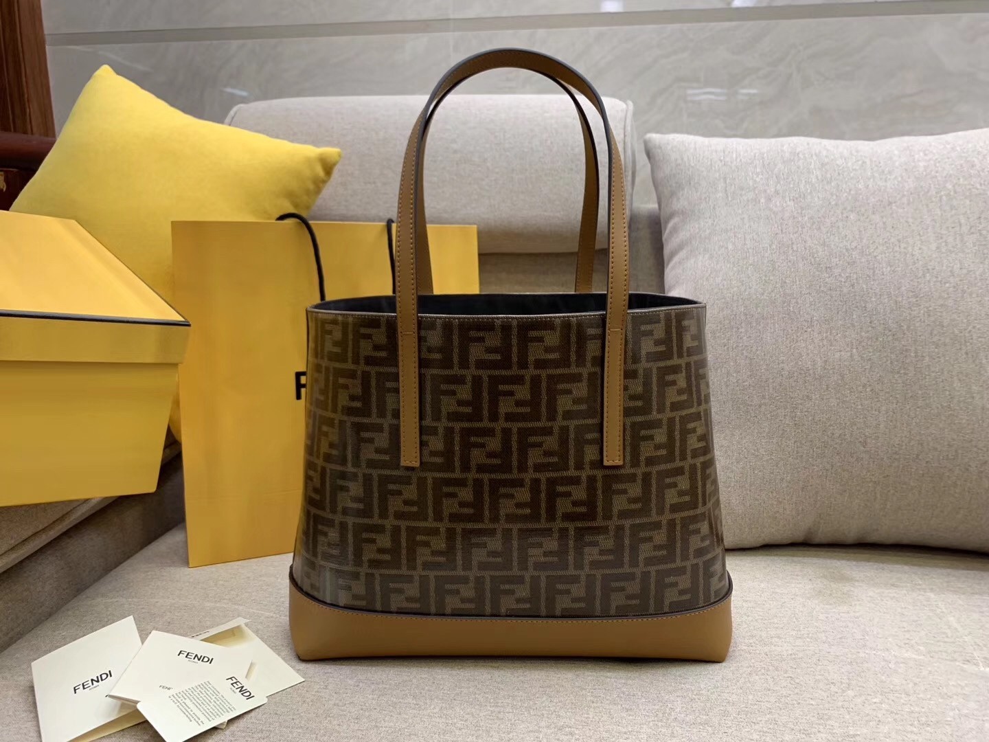 Fendi Logo Shopper Bag In Glazed Fabric With Tan Leather 982