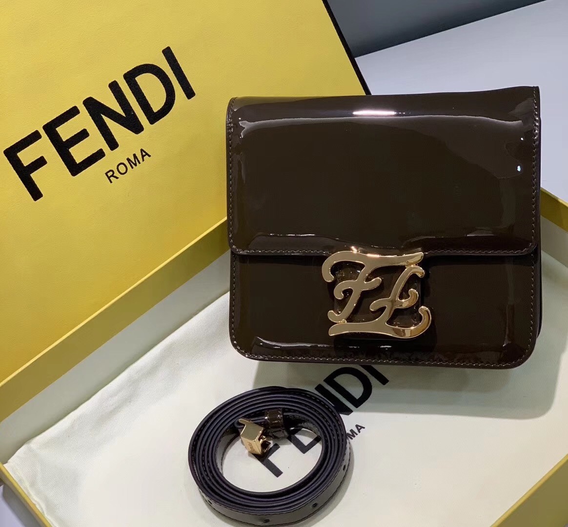 Fendi Karligraphy Bag In Brown Patent Leather 971