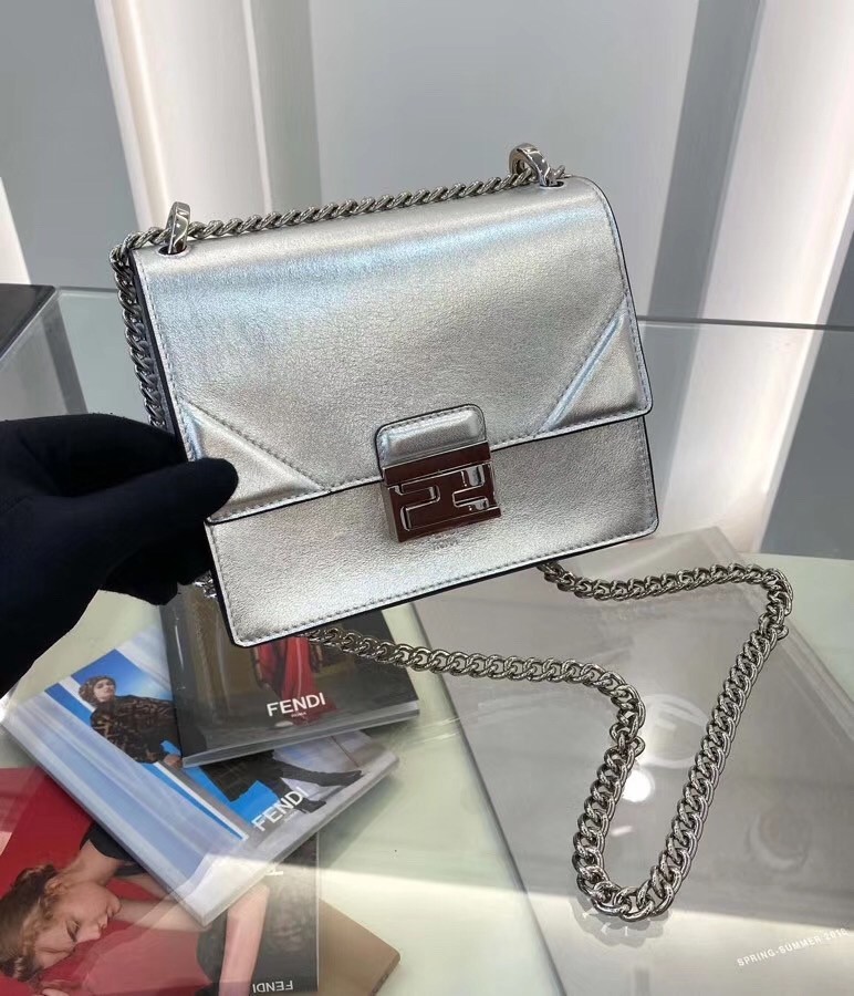 Fendi Small Kan U Bag In Mirror-effect Silver Leather 023