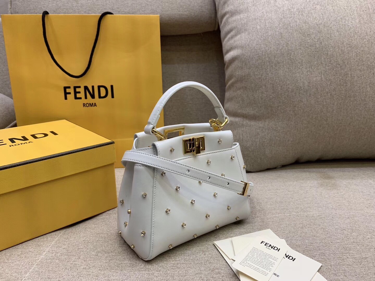 Fendi Peekaboo XS Bag With Star Studs In White Nappa Leather  942