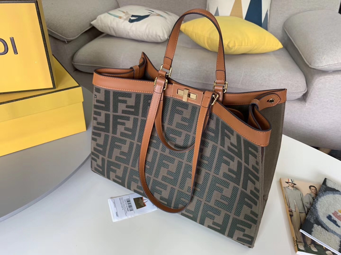 Fendi Peekaboo X Tote In Green Canvas with FF Motif 093