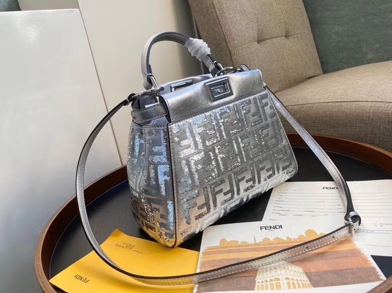 Fendi Peekaboo Mini Bag In Silver Lambskin With FF Sequins 417