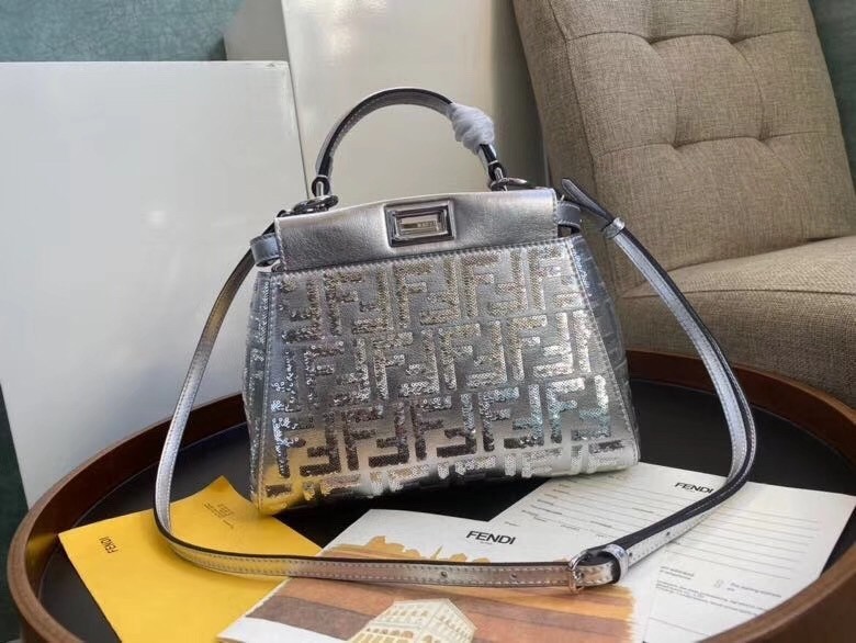 Fendi Peekaboo Mini Bag In Silver Lambskin With FF Sequins 417