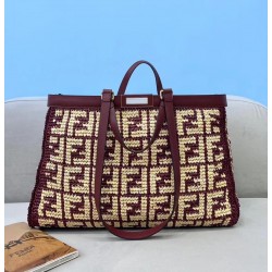 Fendi Peekaboo X-Tote Shopper In Burgundy FF Raffia 340