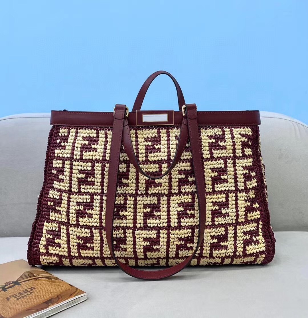 Fendi Peekaboo X-Tote Shopper In Burgundy FF Raffia 340