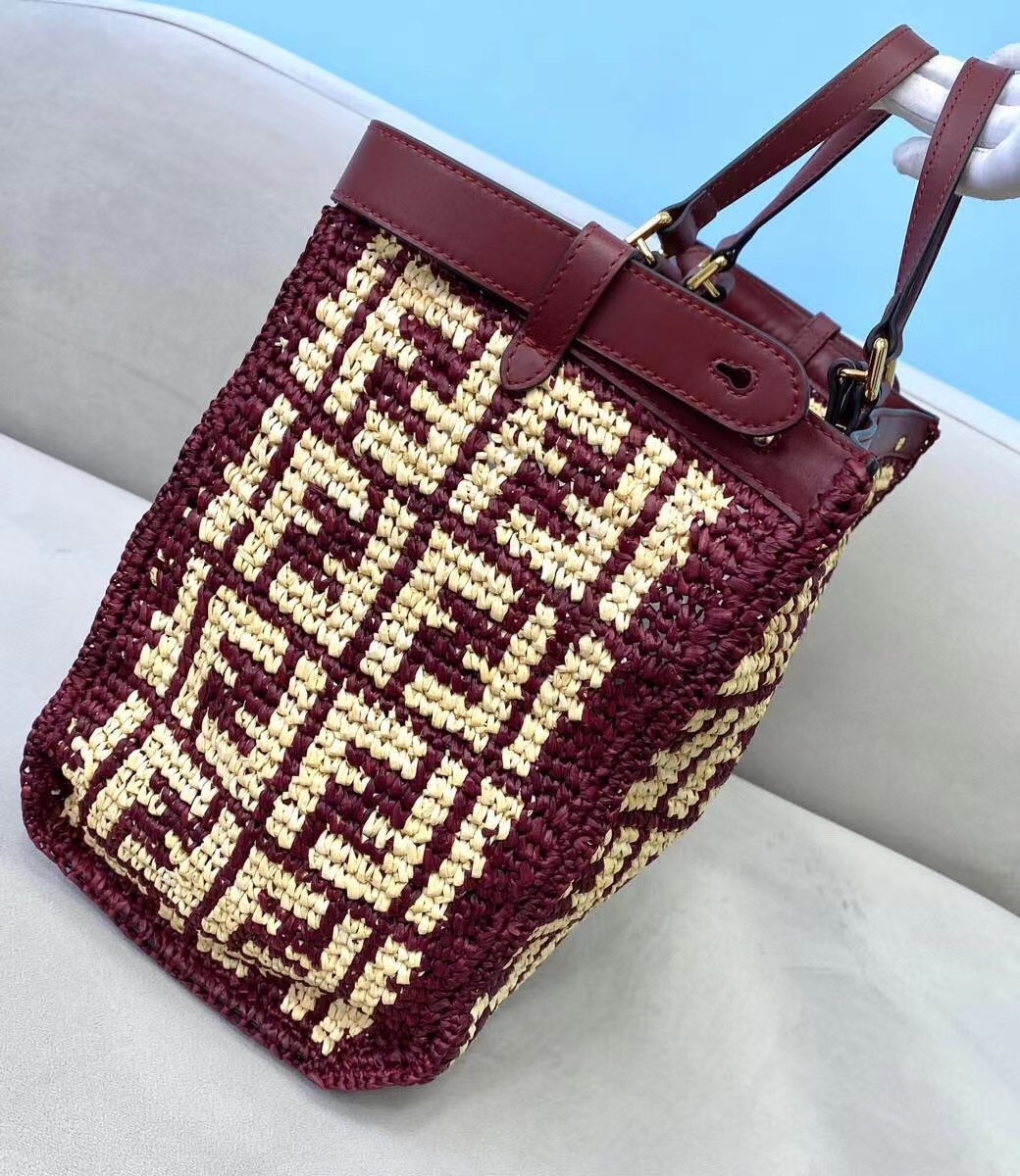 Fendi Peekaboo X-Tote Shopper In Burgundy FF Raffia 340